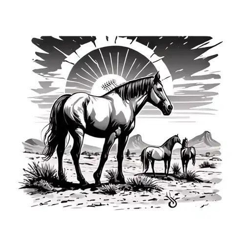 horses on the arizona desert, and baseball with a sun horizon in the background tattoo design idea