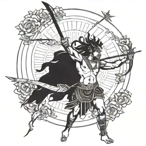 lord arjuna pointing a bow and arrow at a pisces sun sign tattoo design idea