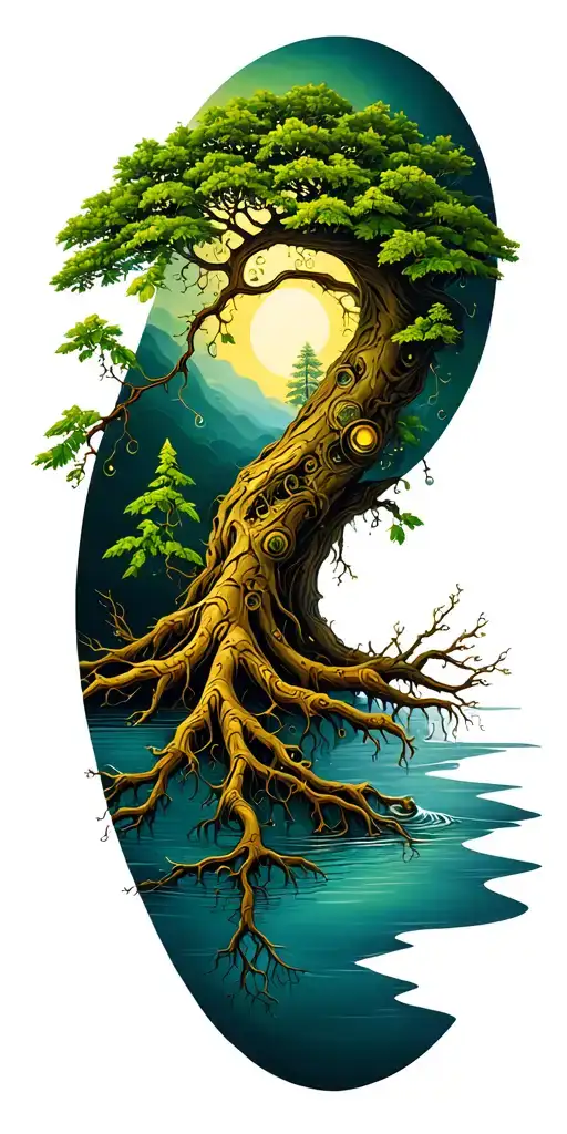 Irish tree of life with roots growing into a lake tattoo design idea