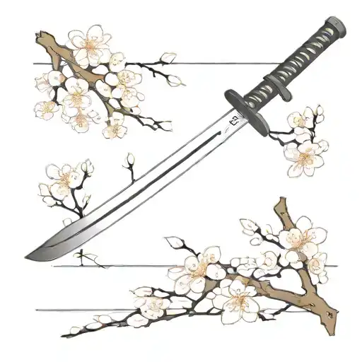 A minimalist design of a katana sword with kanji characters integrated into the blade, surrounded by sakura blossoms tattoo design idea