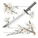 A minimalist design of a katana sword with kanji characters integrated into the blade, surrounded by sakura blossoms tattoo design idea