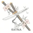 A minimalist design of a katana sword with kanji characters integrated into the blade, surrounded by sakura blossoms tattoo design idea