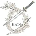 A minimalist design of a katana sword with kanji characters integrated into the blade, surrounded by sakura blossoms tattoo design idea