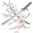 A minimalist design of a katana sword with kanji characters integrated into the blade, surrounded by sakura blossoms tattoo design idea