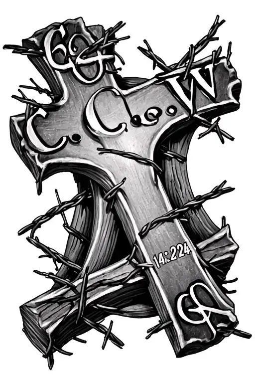 "C.C.W  1/24/24" old catholic cross surrounded by barb wire tattoo design idea