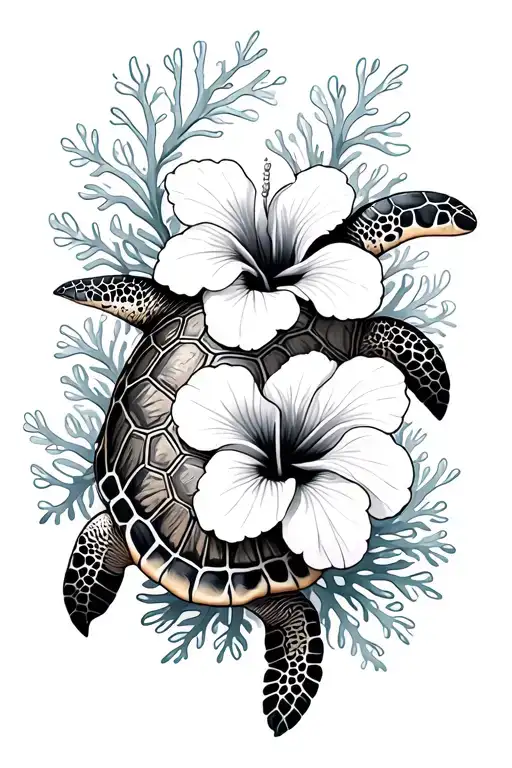 baby sea turtle wave coral hibiscus tattoo design idea