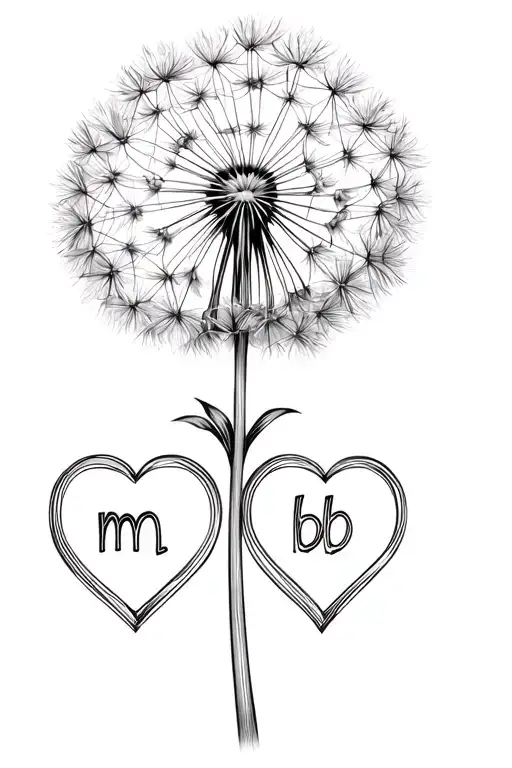 A dandelion with two intertwined hearts at its base and the letters m and b on each of the hearts​​​​​​​​​​​​​​​​ tattoo design idea