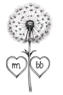 A dandelion with two intertwined hearts at its base and the letters m and b on each of the hearts​​​​​​​​​​​​​​​​ tattoo design idea