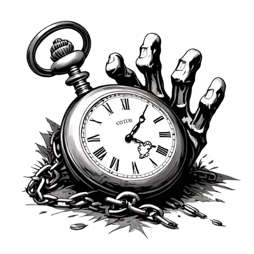 pocket watch with broken chain skeleton hand reaching out of grave background gravyard tattoo design idea