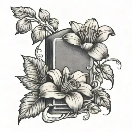 A black and grey tattoo of a delicate flower falling onto a tombstone in memory of your deceased grandfather tattoo design idea
