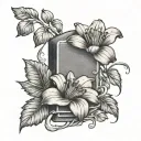 A black and grey tattoo of a delicate flower falling onto a tombstone in memory of your deceased grandfather tattoo design idea