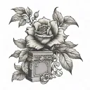 A black and grey tattoo of a delicate flower falling onto a tombstone in memory of your deceased grandfather tattoo design idea