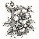 A black and grey tattoo of a delicate flower falling onto a tombstone in memory of your deceased grandfather tattoo design idea