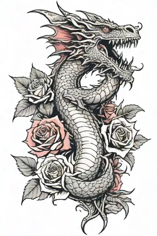 big dragon with open mouth and inside one dark rose and one full grown red rose and one little rose bumming  tattoo design idea
