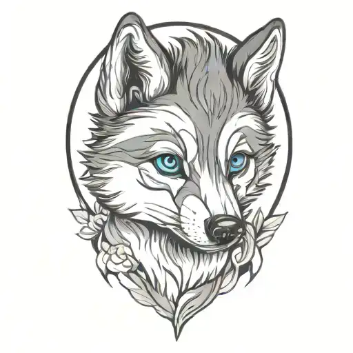 happy wolf puppy with blue eyes surrounded tattoo design idea
