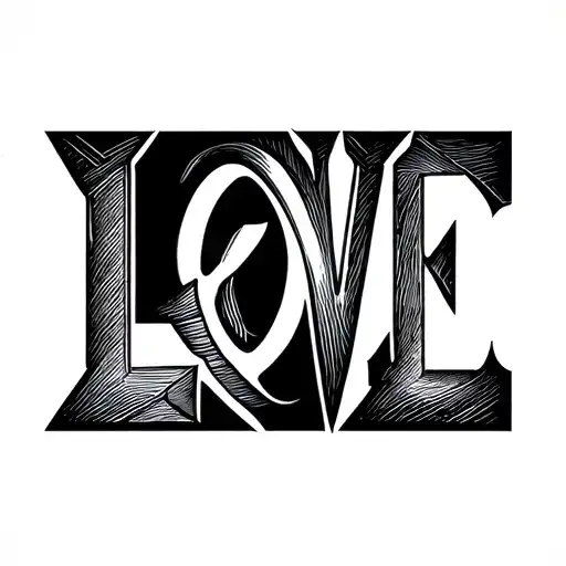 tattoo design featuring the word 'LÓVE' in a bold, block-style font. Each letter has a different angle.  tattoo design idea