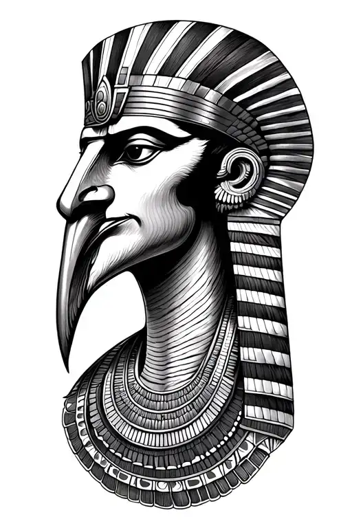 A highly detailed black and grey tattoo design of Thoth, the ancient Egyptian god, shown with an ibis head, perfectly  tattoo design idea