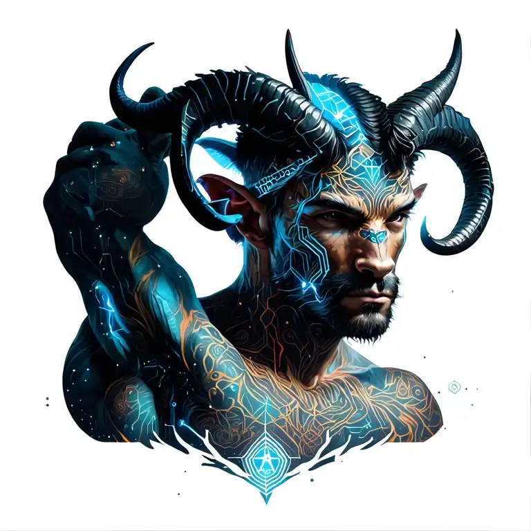 sexy gay male horned satyr with massive bodybuilder muscles flex. cyber tree roots, wild animals and constellations tattoo design idea