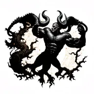 sexy gay male horned satyr with massive bodybuilder muscles flex. cyber tree roots, wild animals and constellations tattoo design idea