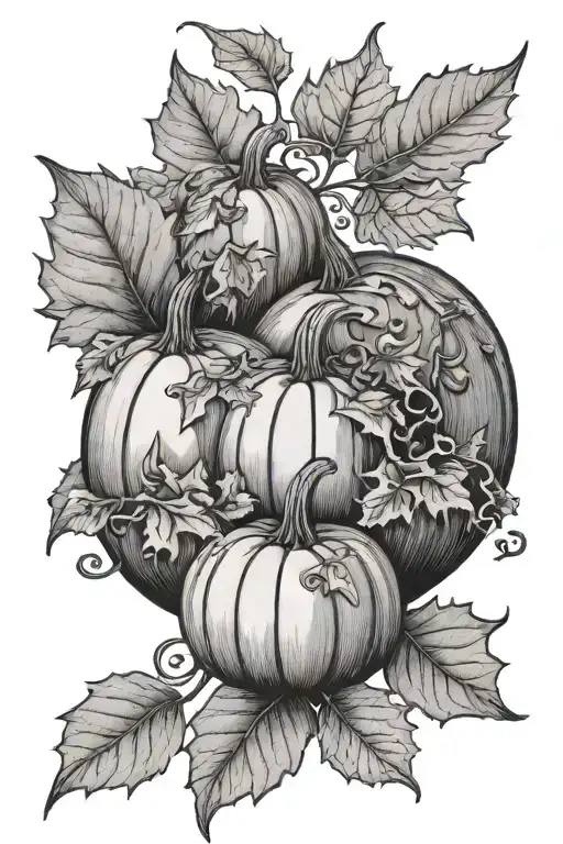 Pumpkin with Autumnal leaves intertwined tattoo design idea