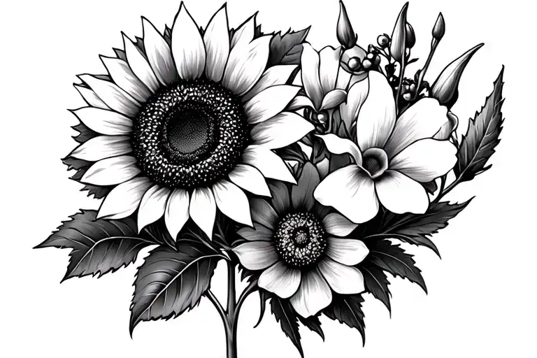 sunflower and hawthorn and gladiolus flower tattoo design idea