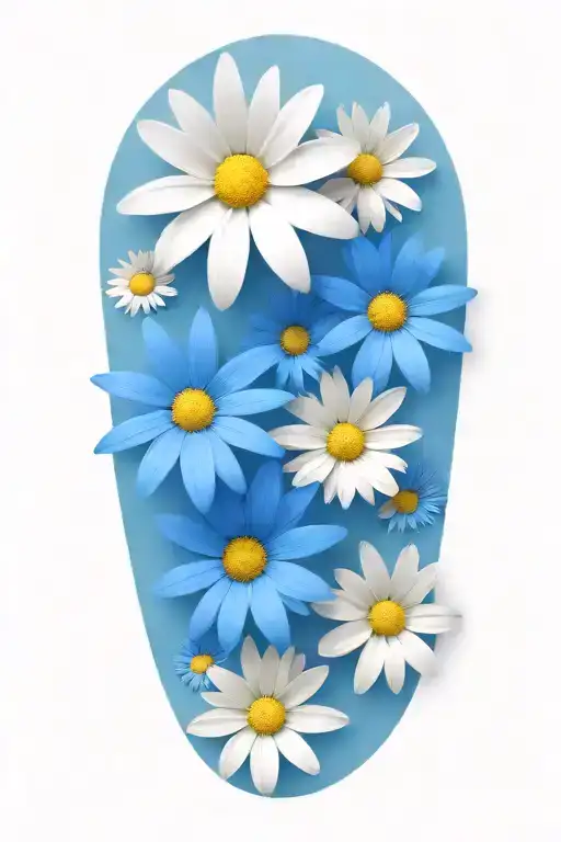 boquet of white and blue daisy flowers and green leaves tattoo design idea