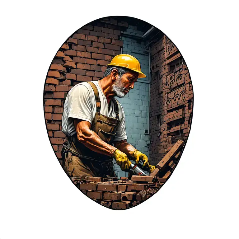 "Lynis " A realistic portrait of your father working as a brick layer, with a subtle music theme incorporated into the background tattoo design idea
