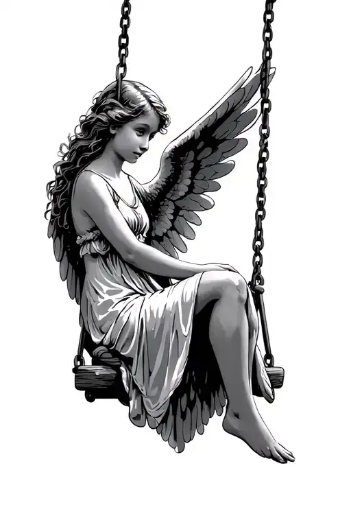 angel girl sitting on swing hanging tattoo design idea
