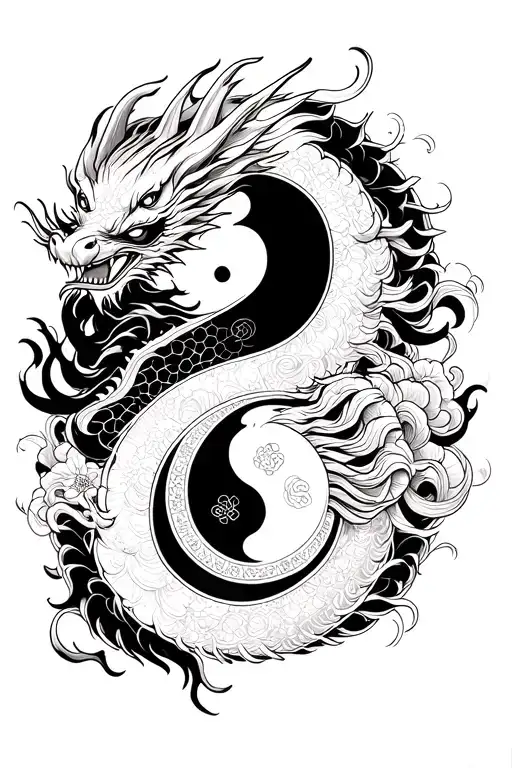 yin and yang in the form of the essence and energy of the dragon and oni mask tattoo design idea