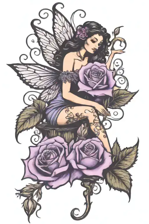 silhouette fairy sitting on top of four purple roses blooming tattoo design idea