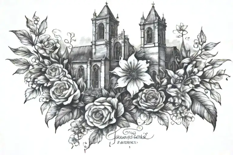 lyrics from the hozier song take me to church "command me to be well" in a wildflower and gothic church motif style tattoo design idea