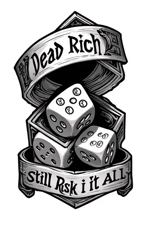 "Dead rich still risk it all" "Dead rich still risk it all" money vault dice intertwined tattoo design idea