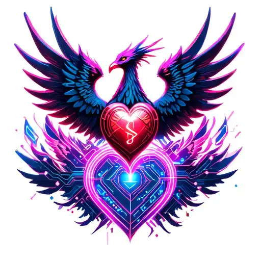 heart semicolon and phoenix with outstretched wings tattoo design idea