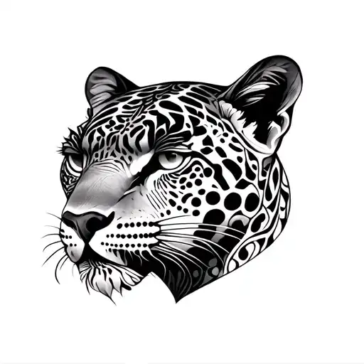 Symmetrical jaguar tattoo, sacred geometry and mandala patterns, dotwork and stippling shading, clean black lines. tattoo design idea