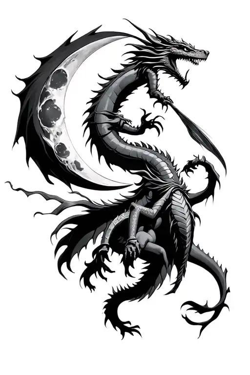 moon, dragon and Amazon warrior firing tattoo design idea