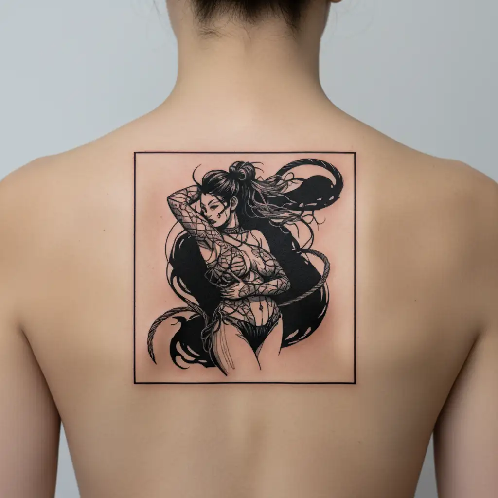 Shibari girl standing with demon  tattoo design idea