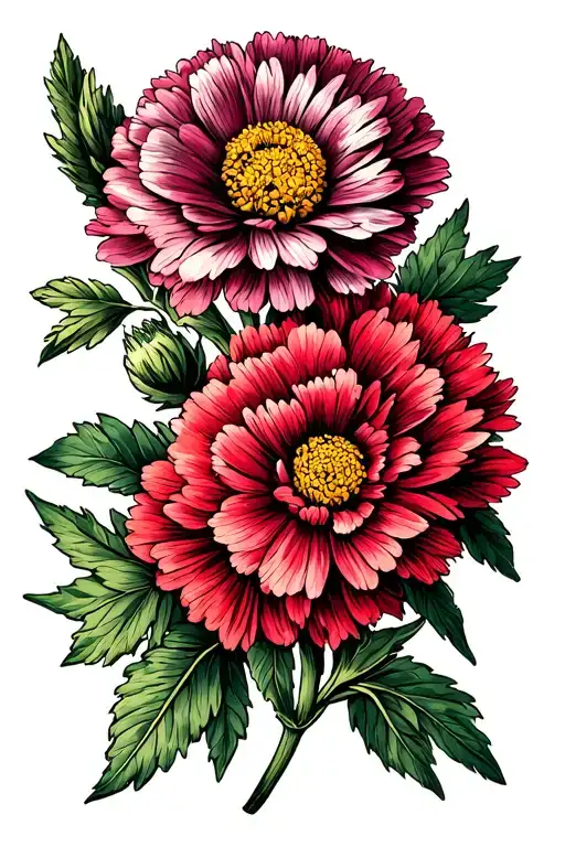 carnation, viloet, aster, chrysanthemum flowers tattoo design idea