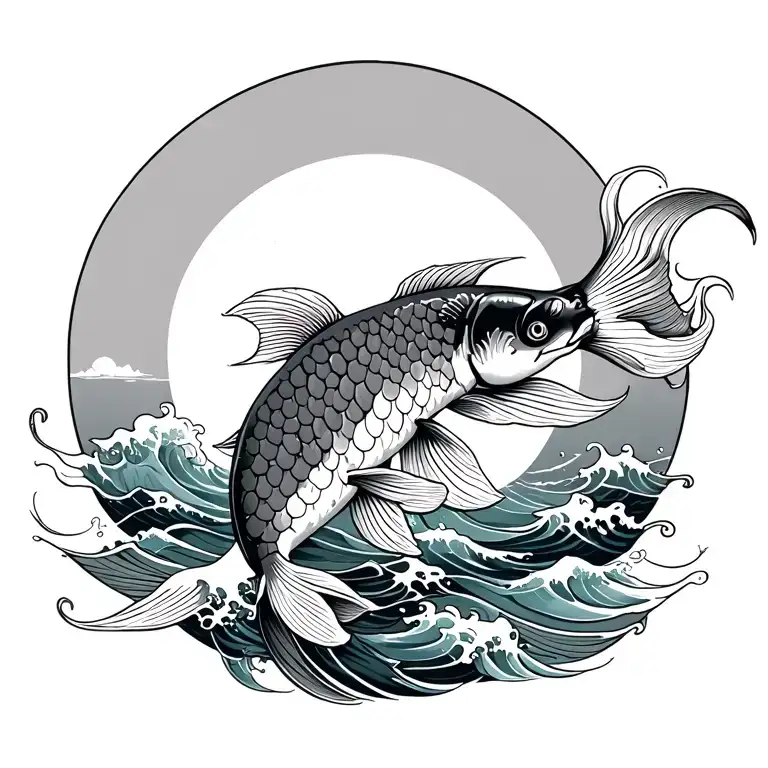 koi fish, ocean waves, rising sun tattoo design idea