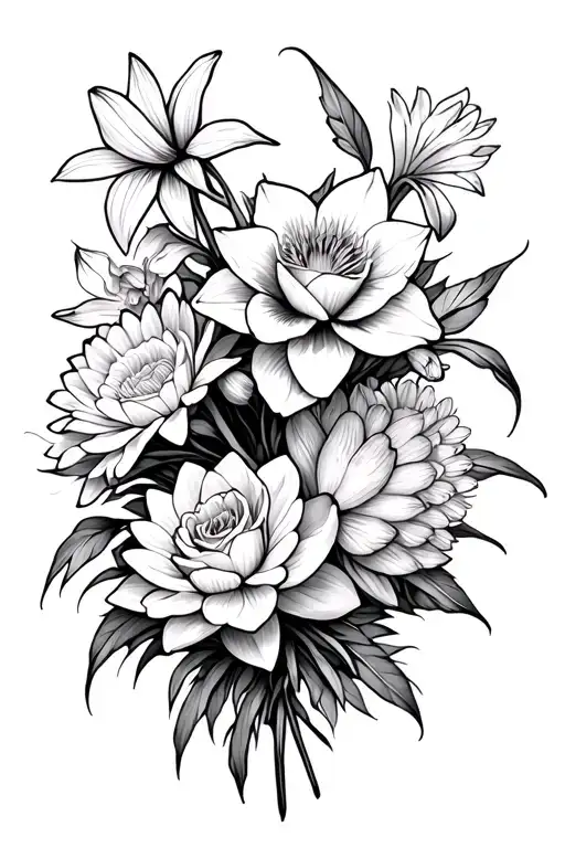 Bouquet with Dafodil, rose, narcissus, Chrysanthemum, and water lily tattoo design idea