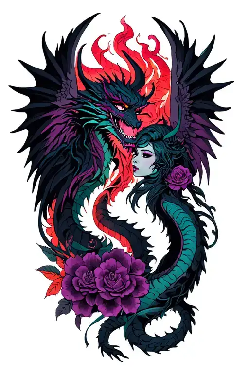 sexy demon and angel with dragon intertwined mostly blacks with hints of purples reds neon with flowers full coverage  tattoo design idea