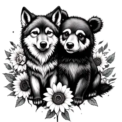 baby wolf and baby bear sitting with sunflowers and roses  tattoo design idea