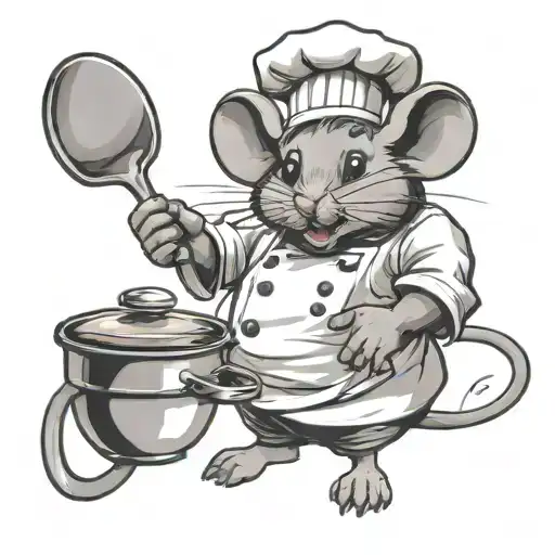 mouse as a chef with a pan in a outstretched hand themed tattoo tattoo design idea