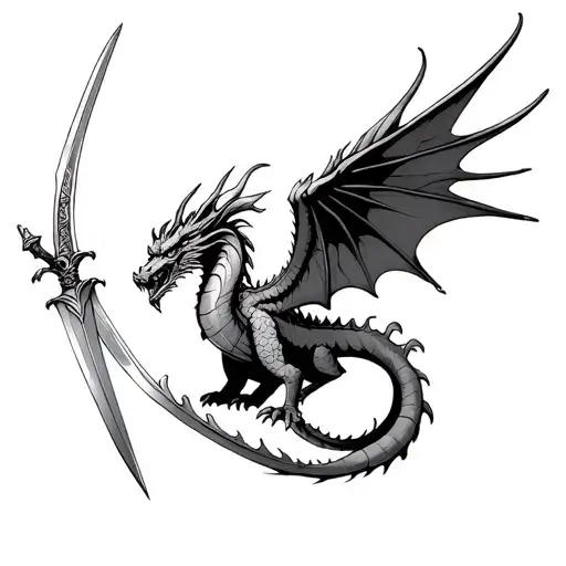 • Western Dragon: Winged, aerial, mid-flight, head positioned near the wrist, tail curling upward.• Sword: Mythical des tattoo design idea