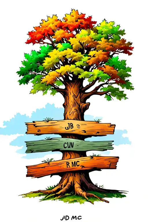 big oak tree with colourful leaves and 3 planks on wood on the trunk with JB ❤️ JD, CW ❤️ MC, RW ❤️JB written inside tattoo design idea