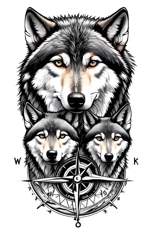 wolf pack with two adult and two baby wolfs with a compass tattoo design idea