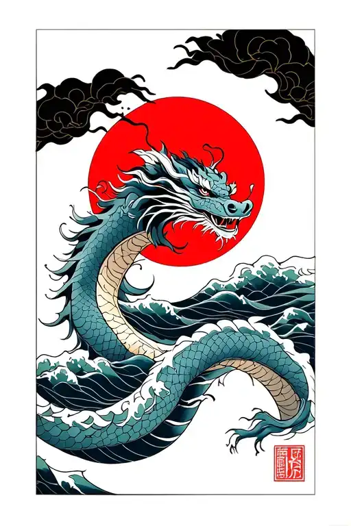 Draw a Japanese style tattoo on your forearm. In the center there is a dragon, waves and a red circle (as in the original tattoo). tattoo design idea