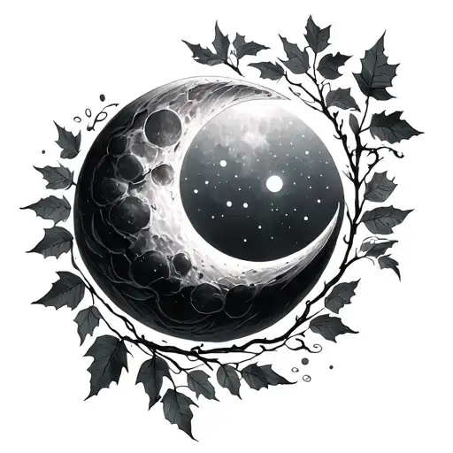 crecent moon with wrapped ivy leaves tattoo design idea