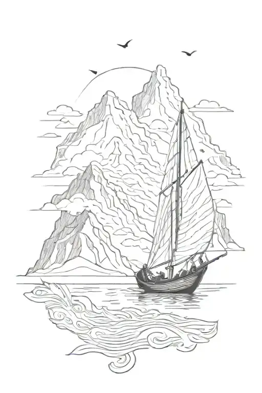 silhouette in a fishing boat in the mountains, eagle soaring in the far distant, playing cards tattoo design idea