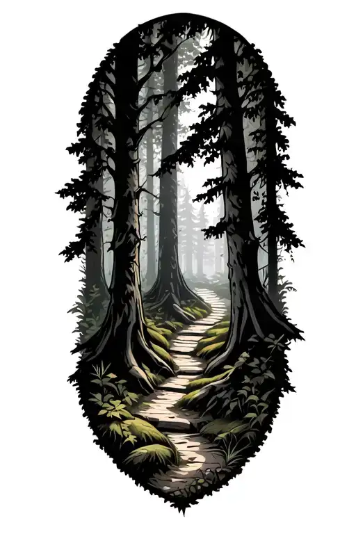nature trail winding through a forest tattoo design idea