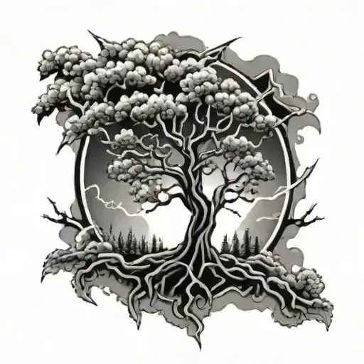 tree infused lightning bolt tattoo design idea